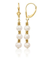 14K Solid Yellow Gold 5mm White Round Freshwater Cultured Pearl Dangle Earrings