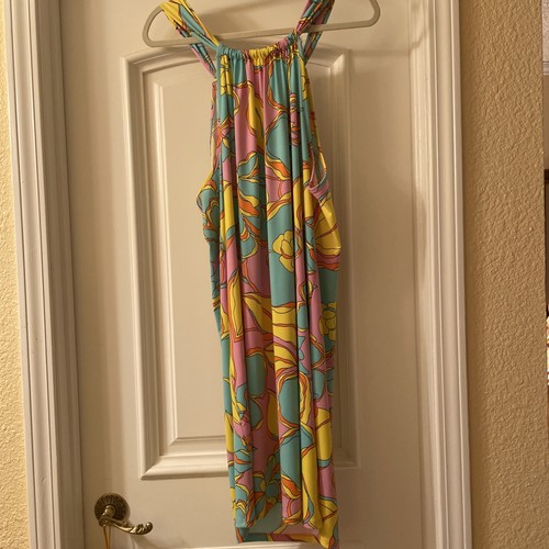 TRINA TURK Turquoise,yellow Floral Print Halter Midi Dress Sz XL - Picture 4 of 10