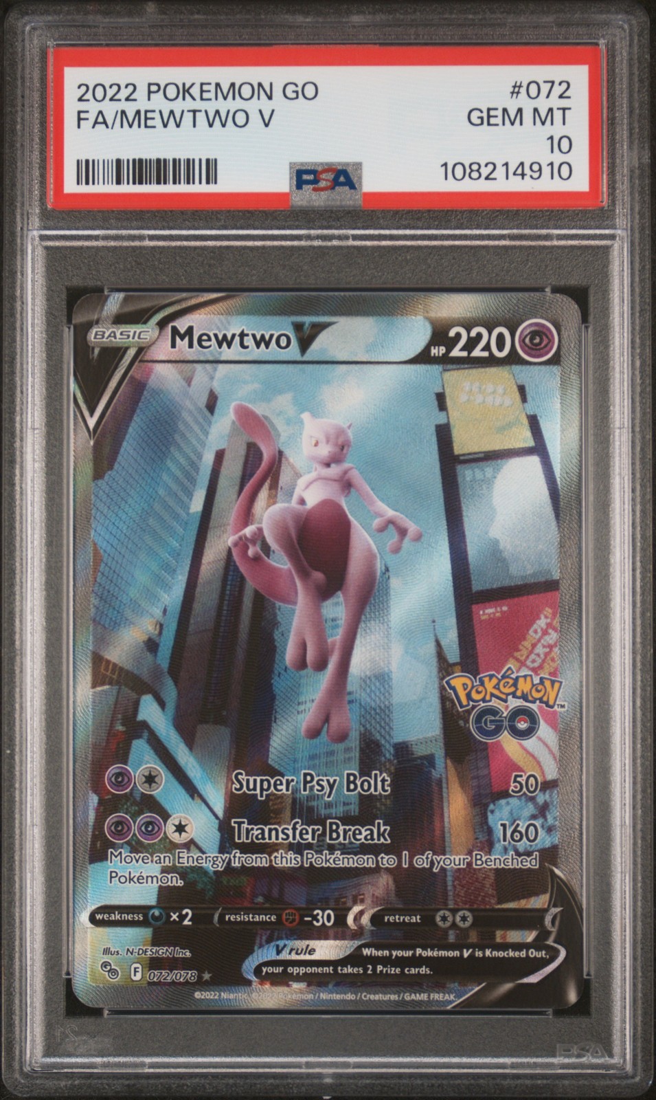 2022 POKEMON GO #072 FULL ART/MEWTWO V PSA 10 - Main Image