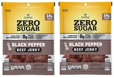 Simms Zero Sugar Free Beef Jerkey Black Pepper 14g Protein, 4.25 Ounce (2 Bags)