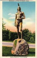 Massasoit Statue Plymouth Mass Statue WOB Vintage Postcard Native American Vtg
