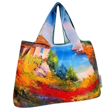 Large Foldable Oil Painting Nylon Reusable Grocery Bag, Beachside