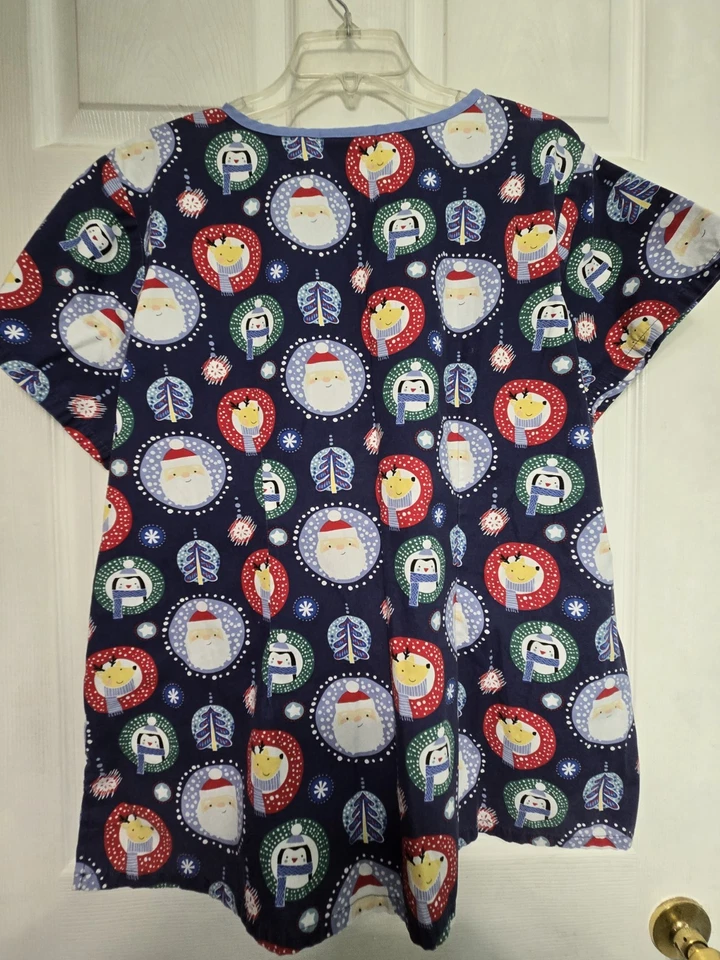 UA Scrubs CHRISTMAS Scrub Top size XL-"SANTA'S ORNAMENTS-NAVY"-Chest 25.5"/L 27" - Image 2 of 4