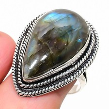 Natural Labradorite Gemstone 925 Sterling Silver Ring Size 8 E862