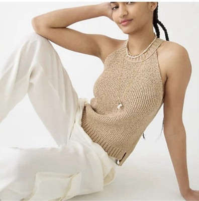 #ad J CREW Sweater Tank Top High Neck Textured Knit Natural Tan Sz S Preppy Vacation $24.99