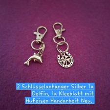 2 Schlüsselanhänger Silber Delfin und Kleeblatt Handarbeit Neu.