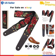 Guitar Strap Cotton Embroidery Full Grain Leather Ends with Pocket for Electr...
