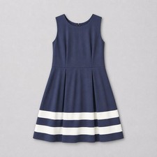 Calvin Klein Women's Sleeveless Dress Navy White Pleated Striped Hem 14 Classic
