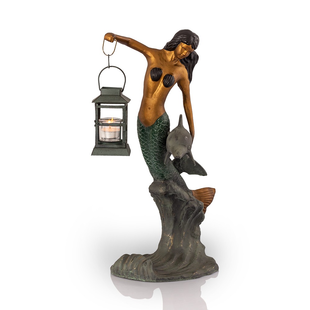 Cast Aluminum Mermaid Garden Lantern Candle Holder Statue by SPI Home