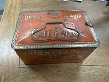 Antique Union Leader Cut Plug EMPTY Tobacco Tin For Smoking & Chew Box W/ Handle
