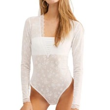 Free People Women's XS Babes in Bandeaus Bodysuit White Long Sleeve Lace Sheer