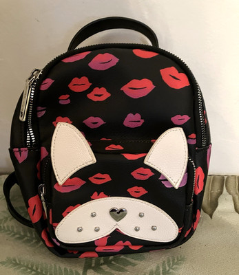 Betsey Johnson Black Cat & Kisses Backpack Purse, 9x7x3'' w/Outside Pouch'', NWOT