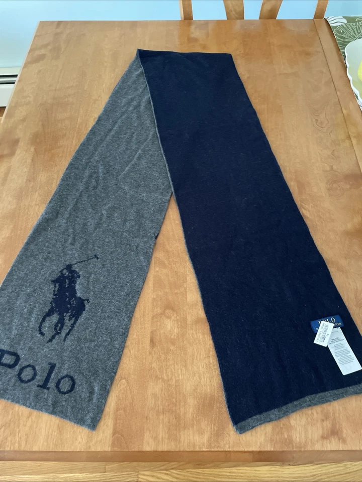 Polo Ralph Lauren Para Hombre Gris Azul Marino Jacquard Invierno Poni Bufanda Nueva Con Etiquetas Foto 2 de 4