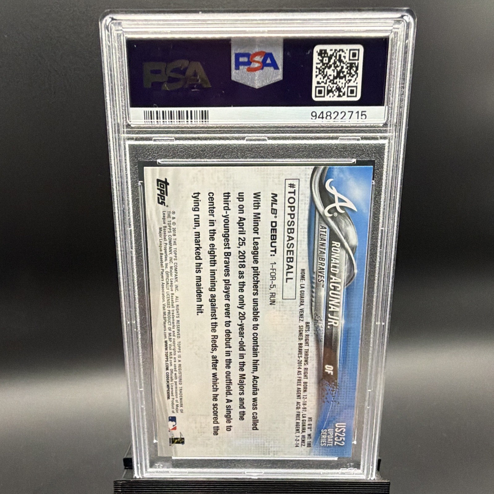 Topps 2018 Update Series Ronald Acuna Jr. Rookie Debut #US252 PSA 10 view 3