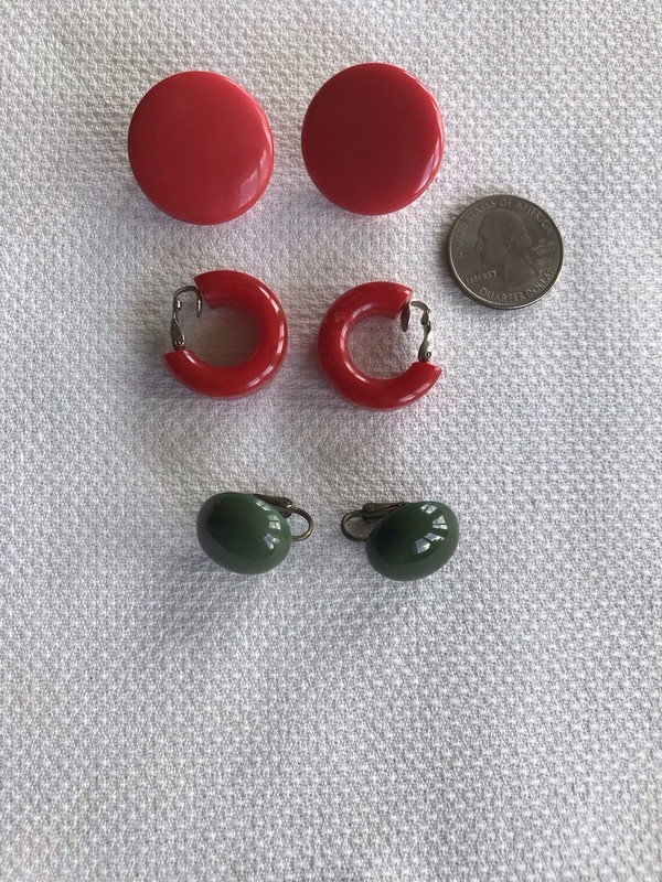 Vintage Lot Of 3 Vintage Bakelite Clip Earrings, Red Hoop, Orange, Green Dome
