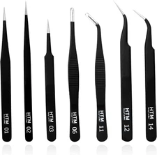 Hengtianmei 7Pcs Precision Micro Tweezers Set, Anti-Static Stainless Steel, 3 Sh