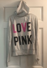 PINK Victoria s Secret Gray Full Zip Logo Hooded Hoodie w/ Pockets, M