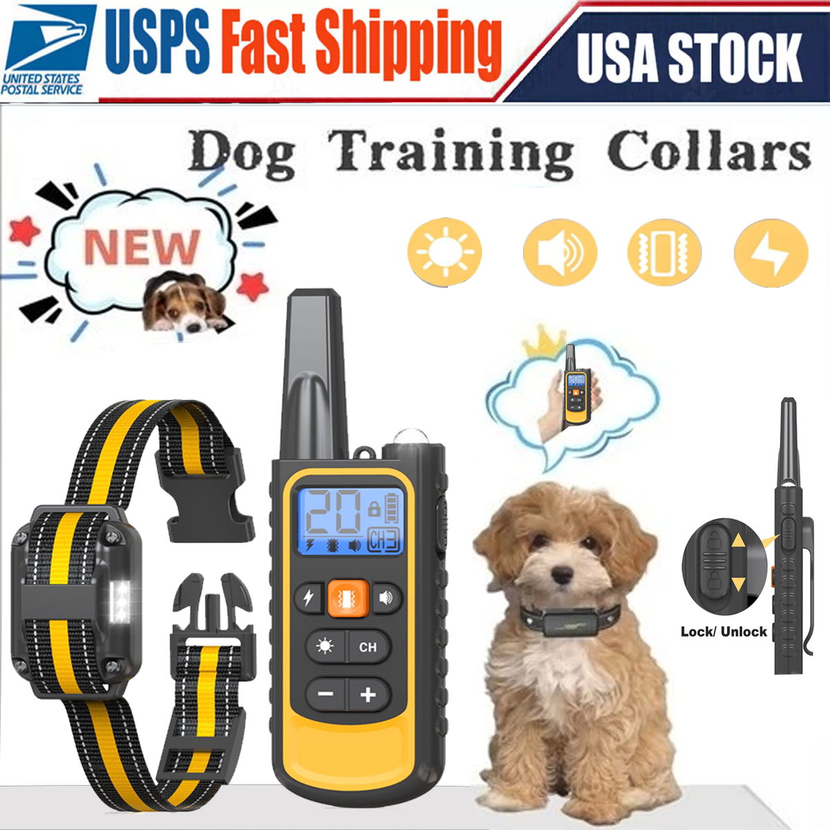 3300FT Dog Training Collar Rechargeable Shock Pet Waterproof Trainer W/LED Light