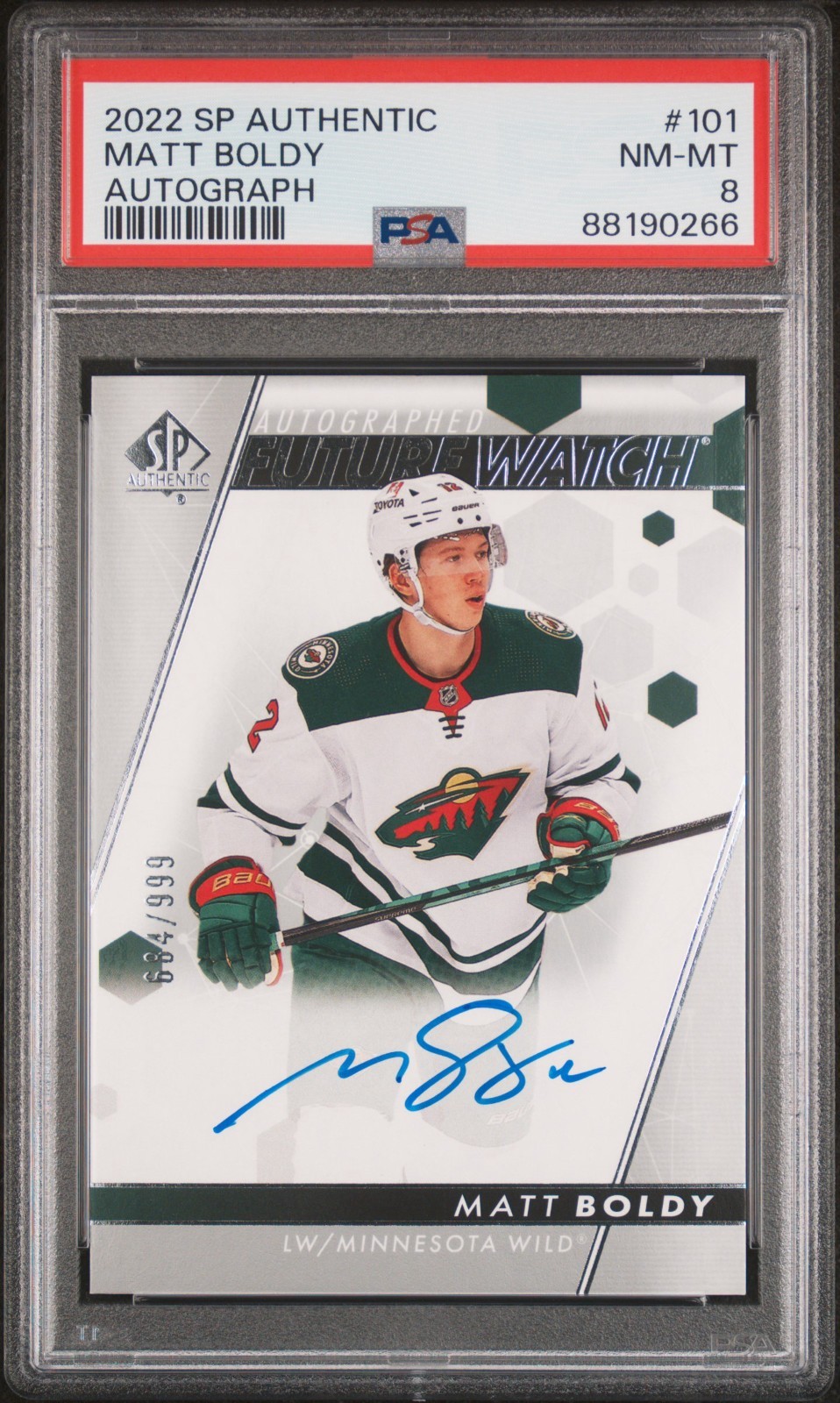 Matt Boldy PSA 8 2022-23 Upper Deck SP Authentic /999 Future Watch RC Auto #101