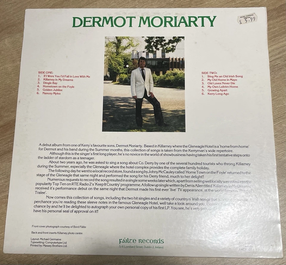 Dermot Moriarty- Killarney In My Dreams LP Vinyl Record Failte Ireland - Image 3 of 4