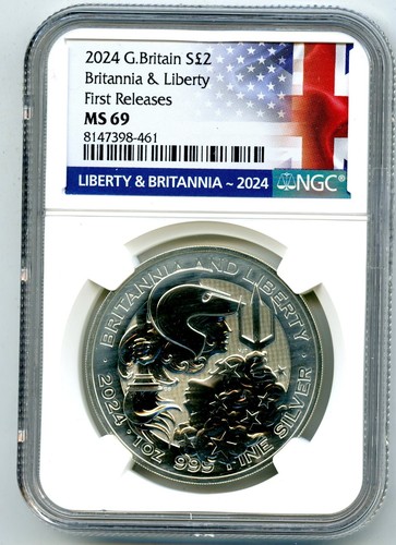2024 GREAT BRITAIN 1OZ SILVER NGC MS69 BRITANNIA & LIBERTY FR - HEAVY WHITE HAZE