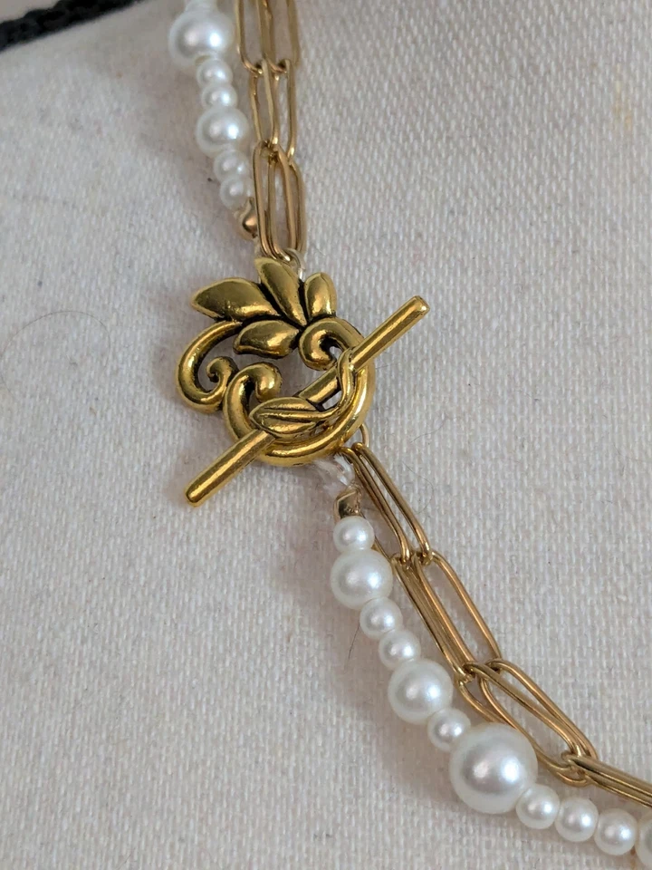 Collar Vintage 3 Hilos Perla Imitación Tono Dorado Clip de Papel Flor Palanca 19" Foto 4 de 4