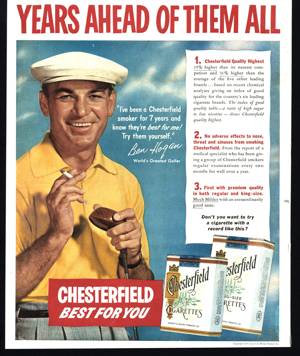 ben hogan cigarette 1953 GOLFER BEN HOGAN CHESTERFIELD CIGARETTES VINTAGE MAGAZINE PRINT AD