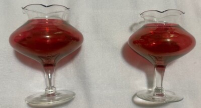 Pair of vintage Cranberry Ruby Flash Glass Rose Bowl Vase Ruffled Stemmed 5''t