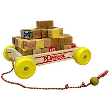 Playskool Pull Wagon with Wood Letter Blocks Toy Preschool ABC 123 Vintage