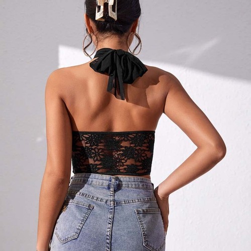 Women Criss Cross Wrap Tie Knot Crop Halter Top Lace Bustier Corsert Camisole - Picture 8 of 26