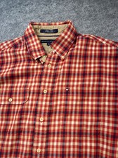 Tommy Hilfiger Mens Shirt Large Red Blue Plaid Button Up Long Sleeve 
