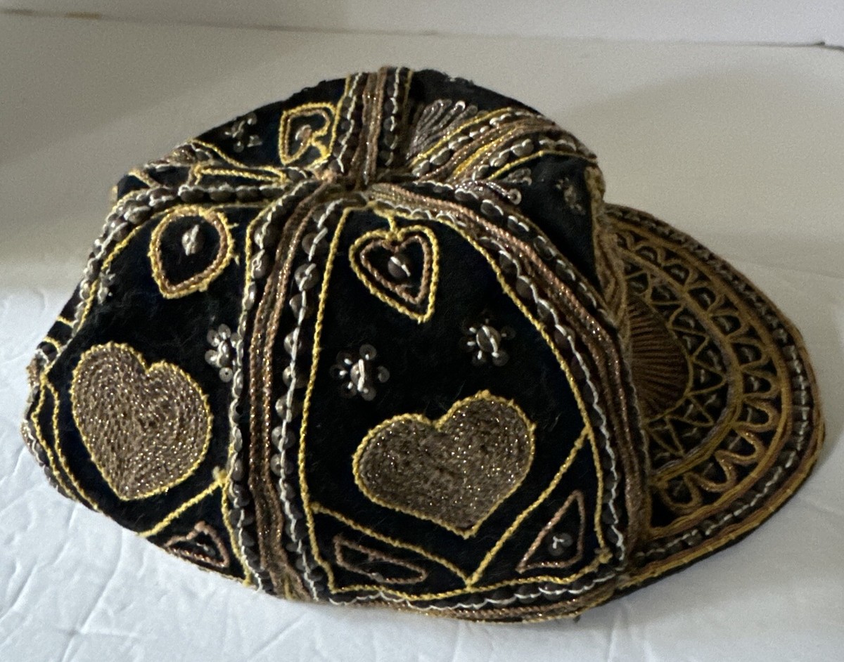 Vintage Kalagan Cap Elephant Sequin Beaded Velvet Baseball Hat Black Gold Boho Vintage Burmese Kalaga Velvet Hat, Gold Embroidered Ribbon  main image 2