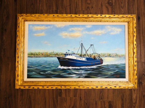 MARINE FISHING BOAT VESSEL SIGNED SEASCAPE SCENE OIL ON CANVAS BEIRA.LITORAL - Picture 9 of 19