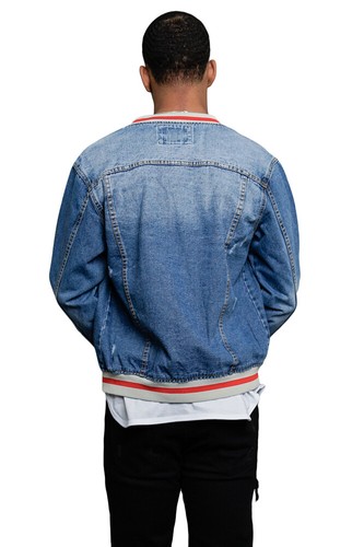 Men's Striped Collar Cuff Hem Button Up Distressed Jean Denim Jacket DK145 - 第 5/8 張圖片