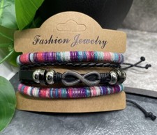3 PC PU Leather Fabric Wrap Bracelet Set Adjustable Tie New Free Ship B3419