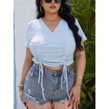 Plus Size Ruched Surplice Short Sleeve Blouse