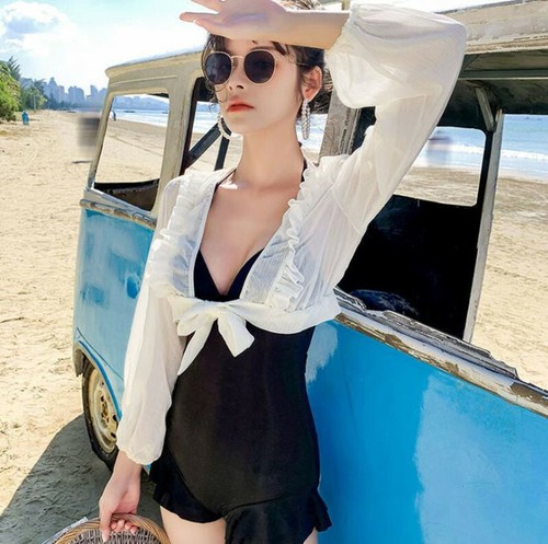 Women Two-Piece Sexy Bikini Thin Coat Backless Bathing Suit Flounce Hem Swimsuit - Picture 14 of 15