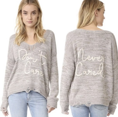 WILDFOX “Don’t Care Never Cared” Oversized Sweater Knit Pullover Distressed-S