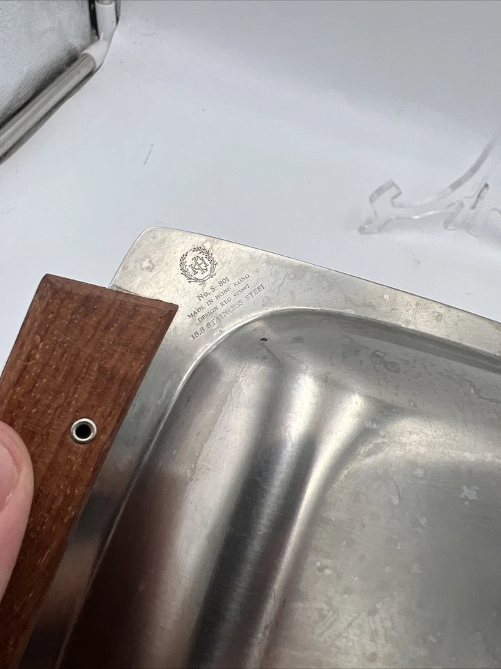 Vtg Serving Tray Stainless Steel Wood Handles S-801 18.8 Hong Kong 12.5" x 8.5"  - Image 4 of 4