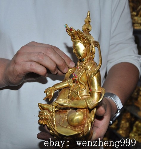 7.6"Tibet Buddhism Temple Bronze Gilt Inlay gem Yellow Jambhala Buddha Statue - Picture 4 of 6