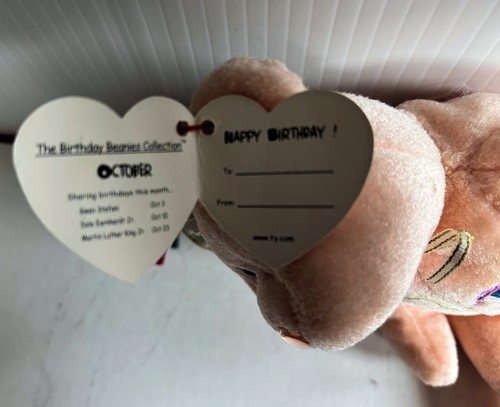 TY BEANIE BABY OCTOBER BIRTHDAY BEAR MWMT RETIRED 2002 OPAL BIRTHSTONE NOSE *VIN - Picture 2 of 2