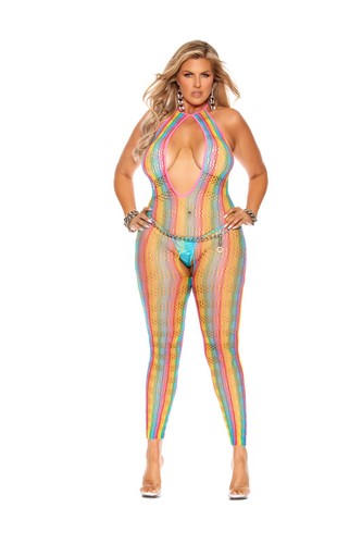 sexy ELEGANT MOMENTS rainbow HALTER keyhole BACKLESS footless NET bodystocking - Picture 4 of 5