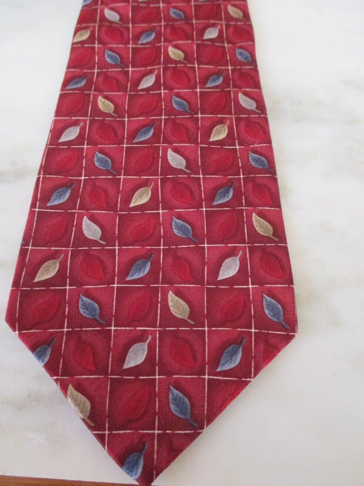 Van Heusen Brand NECK TIE - Dark Maroon Background-Squares with Leaves ...