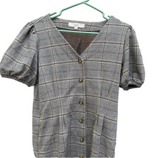 LOFT Petites Dress Womens 8P Brown Plaid Button Up Career Office Puff Sleeve