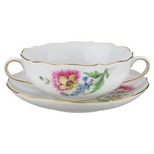Meissen Bunte Blume Suppentasse mit Untertasse Chrysantheme pink II.Wahl