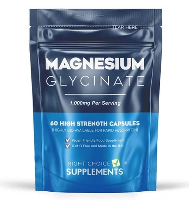 RIGHT CHOICE SUPPLEMENTS Magnesium Glycinate 1000mg (Per 2 Caps) - Sleep Support, High Absorption - UK