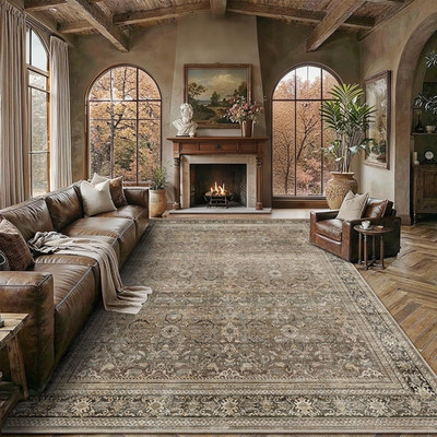 Schweek 8X10 Washable Area Rug Brown Neutral Vintage Distressed Rugs Large Non-S