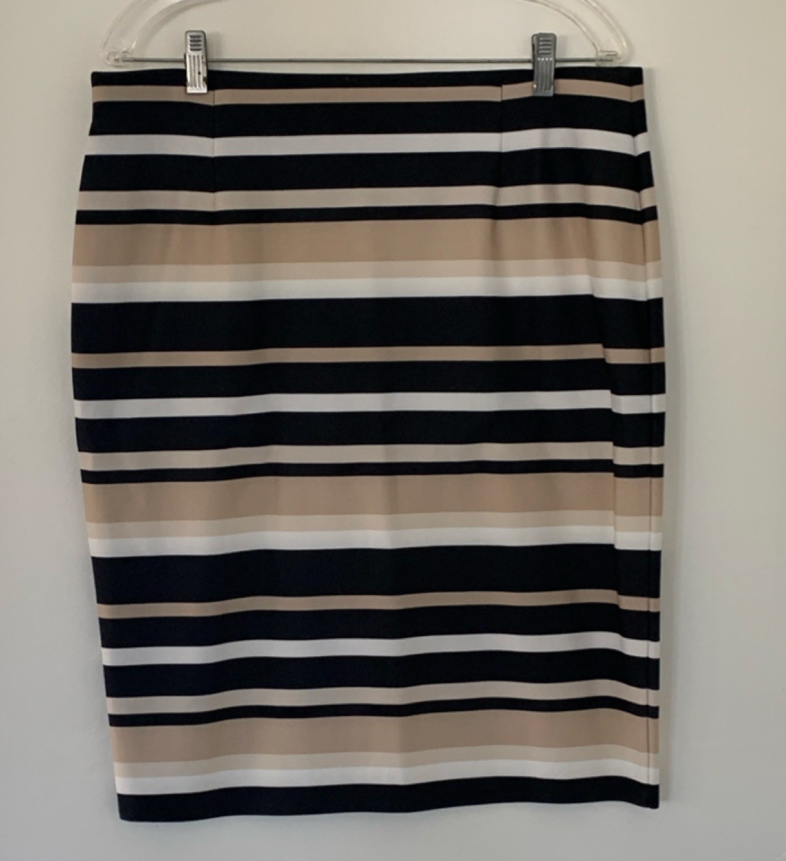 Roz & Ali Black Beige White Striped Pencil Skirt XL Polyester Spandex Stretch