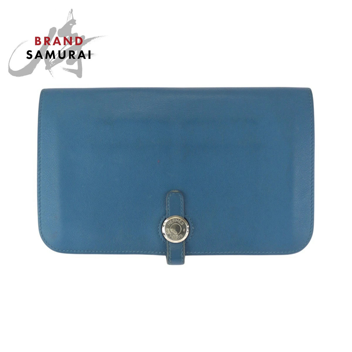 HERMES Dogon GM Blue Jean Togo Long Wallet Silver Hardware