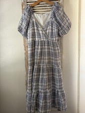 A24 Madewell Blue White Plaid Check Tiered Dress Woemsns Size 8